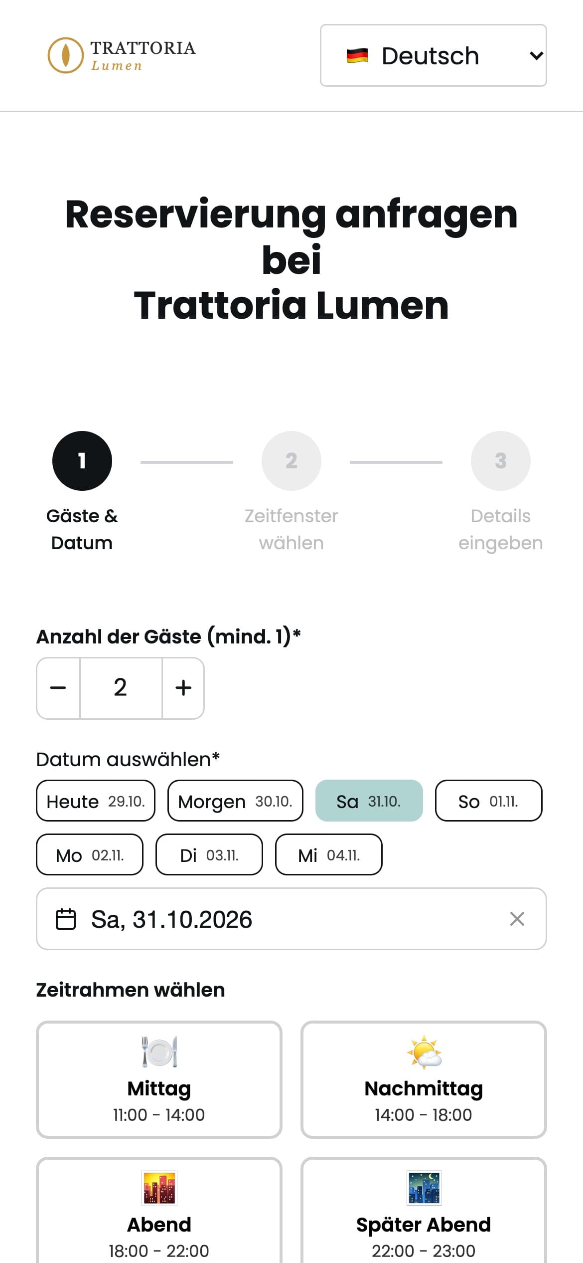 Buchungsseite für Gäste: Datum und Zeitraum wählen