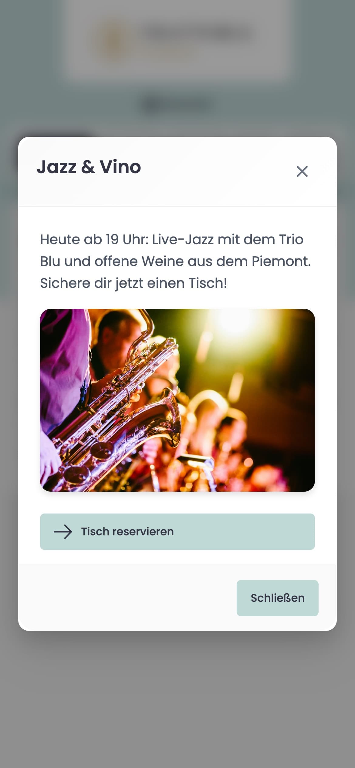 Event-Pop-up „Jazz & Vino“ in der Speisekarte mit Button zur Reservierung