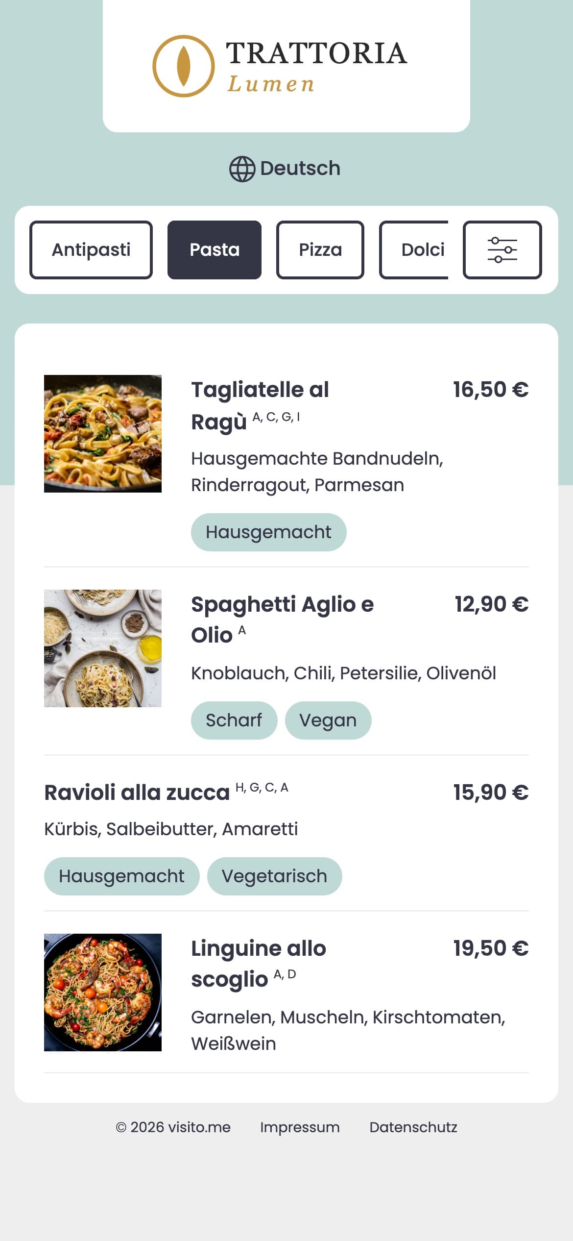 Digitale Speisekarte auf Deutsch mit Fotos, Allergenen und Attributen