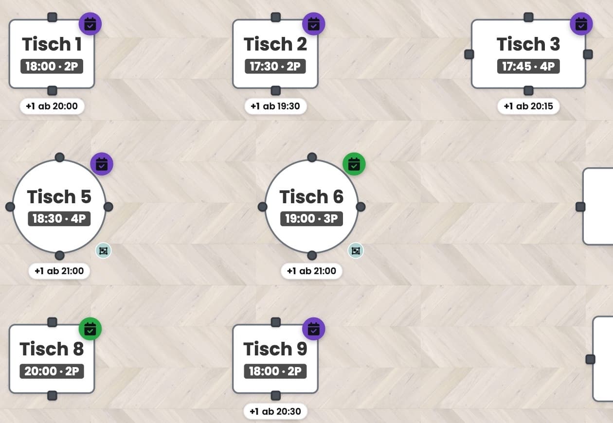 Ausschnitt aus dem Tischplan mit belegten Tischen und Uhrzeiten